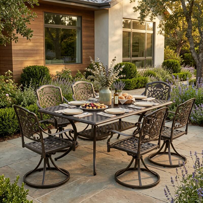 Christopher Knight Home - Austin 7-Piece Outdoor Cast Aluminum Dining Set with Rectangular Table and Swivel Chairs