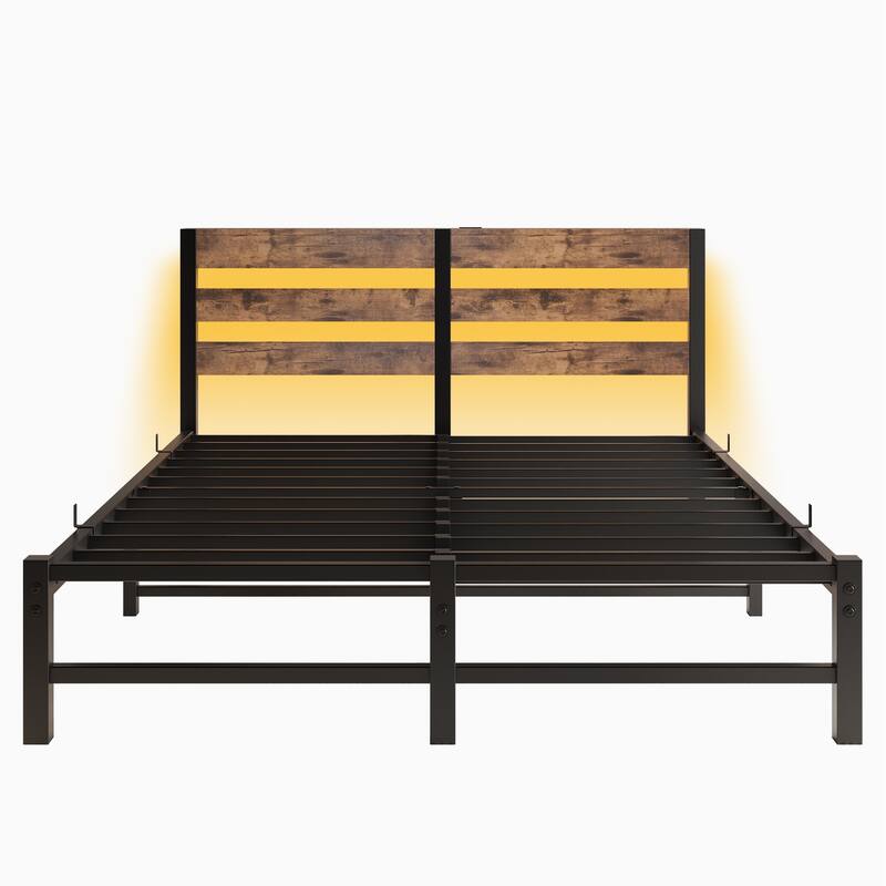 Queen Size Modern Metal Bed with Wooden Headboard, RGB Lights & Storage Shelf