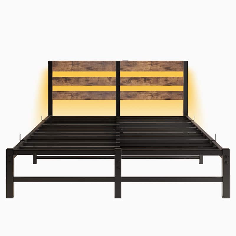 Queen Size Modern Metal Bed with Wooden Headboard, RGB Lights