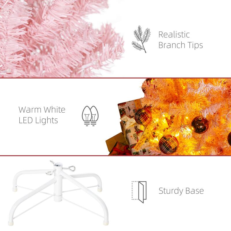 6 ft Pre-Lit Pink Artificial Christmas Tree with 250 Warm White LED Lights 1000 Branch Tips Hinged Sections