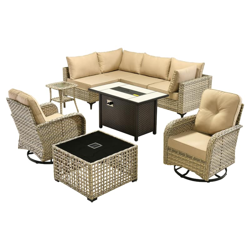 OVIOS 9 Pieces Outdoor Wicker Swivel Chair Set With Fire Table