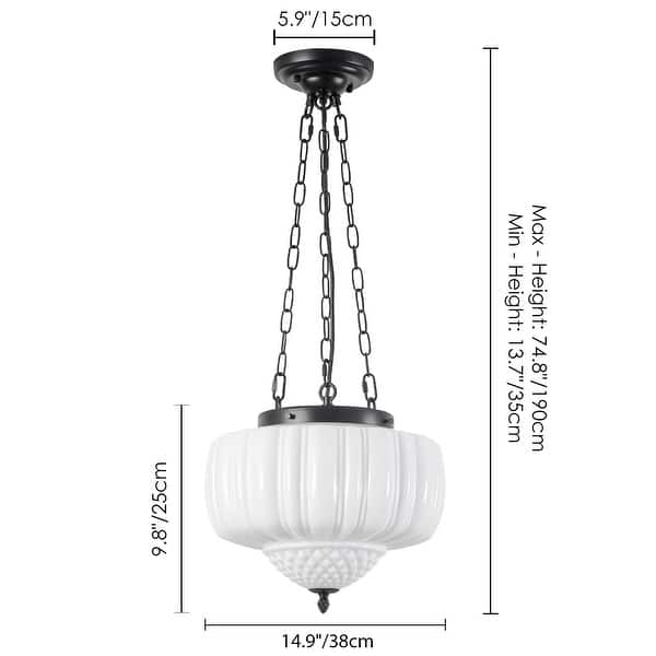 1-Light 15" W Vintage French Style Pumpkin-shaped Milk Glass Hanging Pendant Light for Dining Room, Hallway