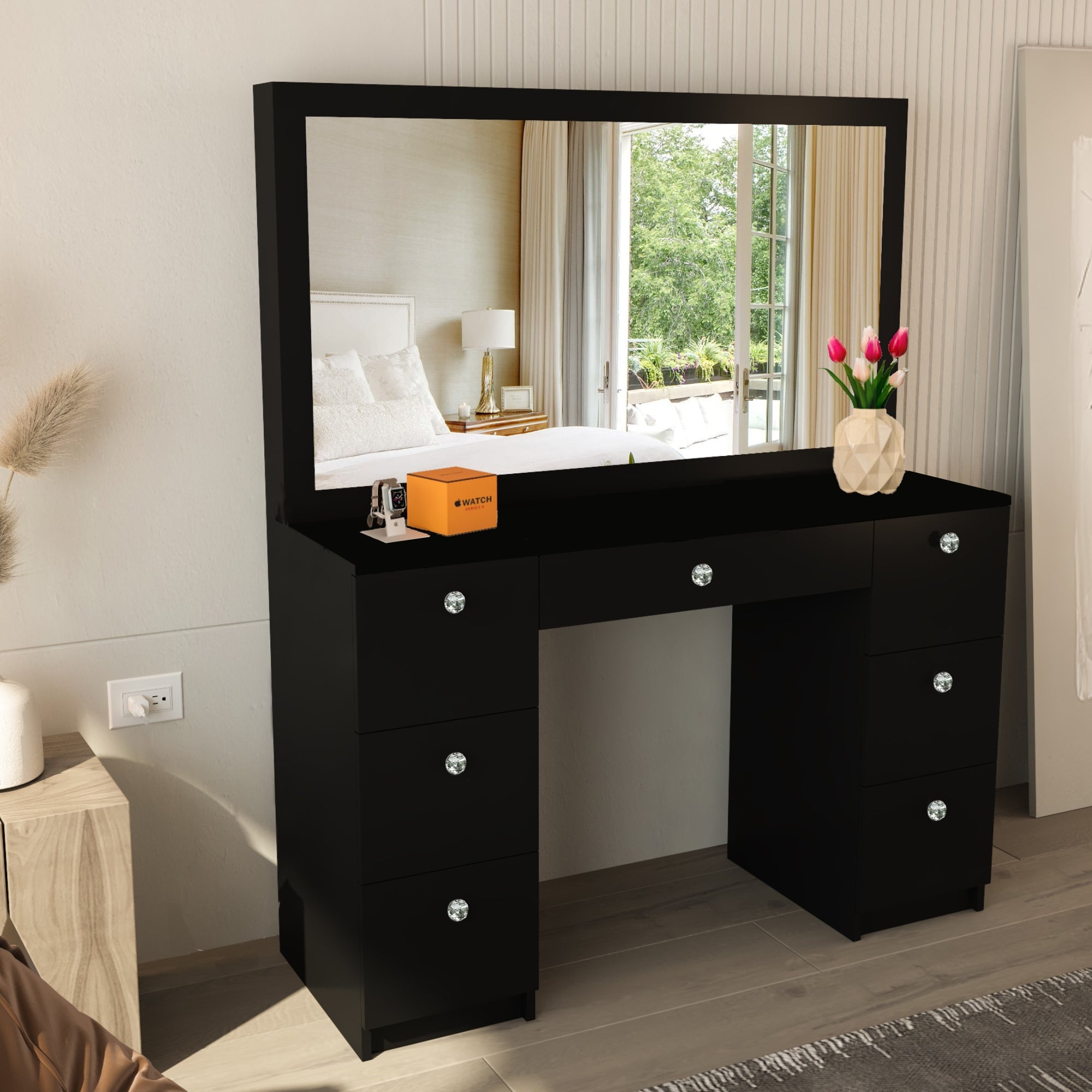 Artemisia Modern Black Painted Makeup Vanity Table with Crystal Knobs for Bedroom