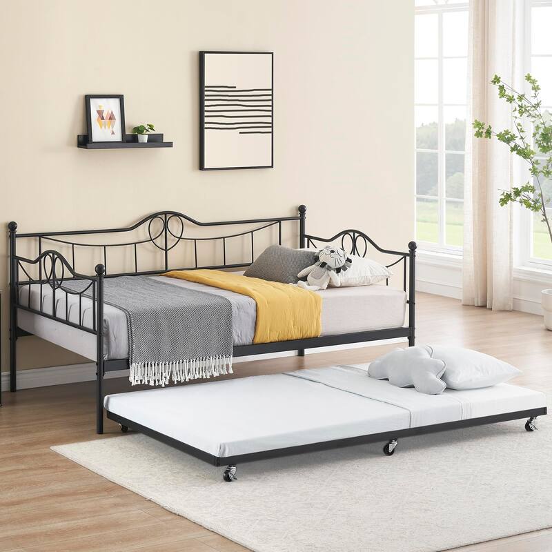 Heavy Duty Metal Daybed With Trundle Platform Sofa Bed for Bedroom - Black Heart - Twin XL
