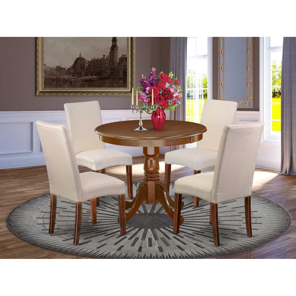 Asian Fusion Dining Set - 5Pc Round Table & 4 Chairs - Cream Linen Fabric - Mahogany Finish