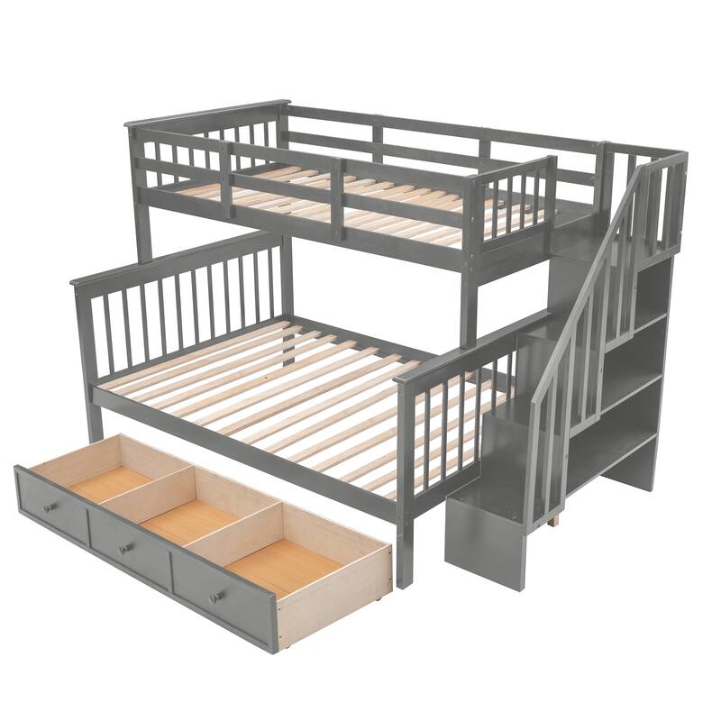 Twin-Over-Full Bunk Bed with Storage Drawer, Guard Rail, and Staircase for Bedroom or Dorm
