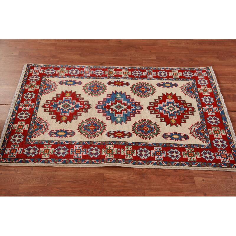 Ivory Kazak Foyer Rug Hand-Knotted Geometric Wool Carpet - 2'8"x 4'2"