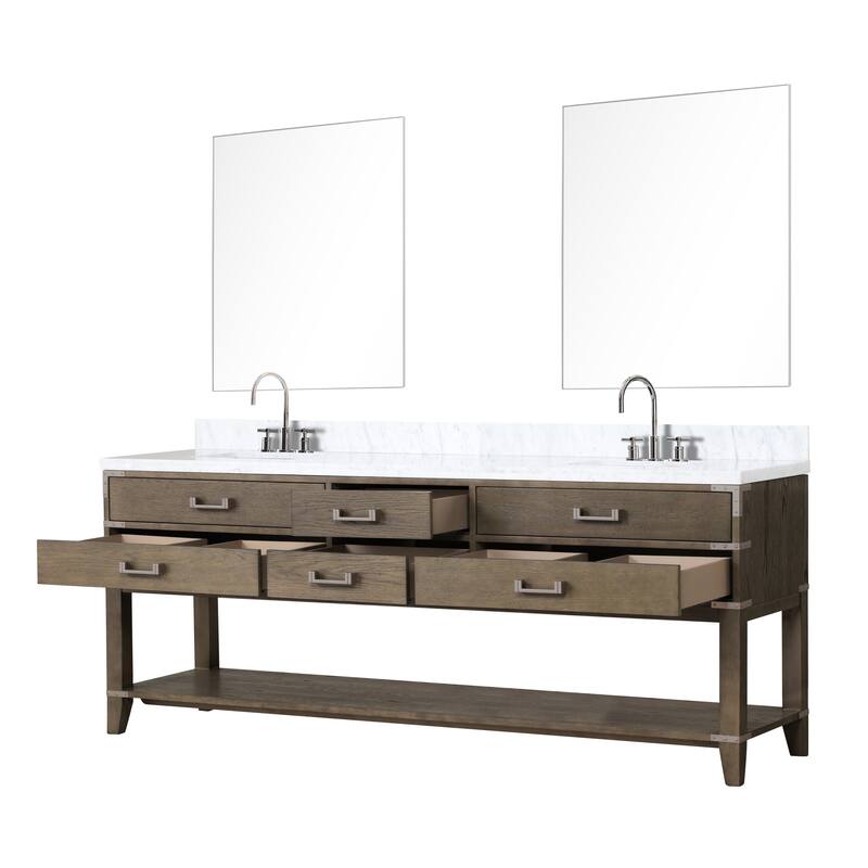 Lexora Norwalk Bath Vanity, Carrara Marble Top, Faucet Set, and Mirror