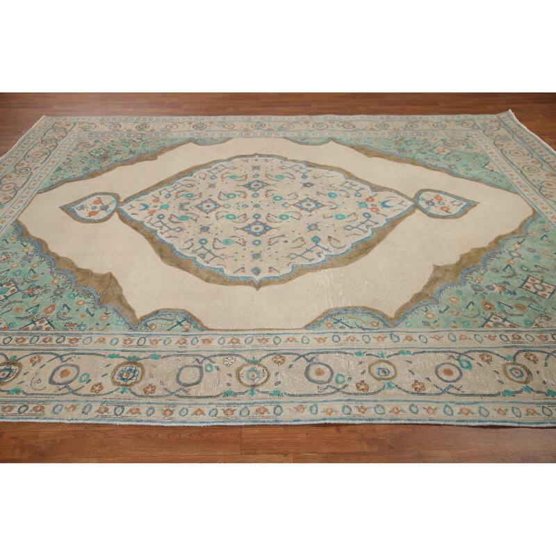 Hand Knotted Oriental 100% Wool Carpet Traditional Medallion Beige & Ivories Tabriz Area Rug - 11' 2'' X 8' 3''