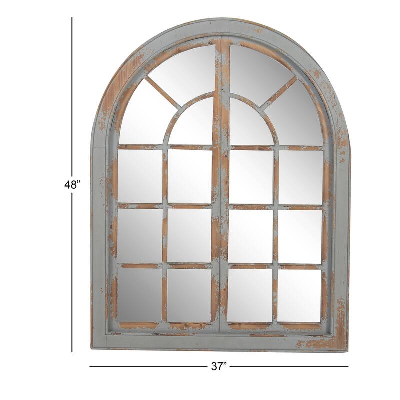 Gray Wood Window Pane Inspired Room Wall Mirror with Arched Top and Distressing