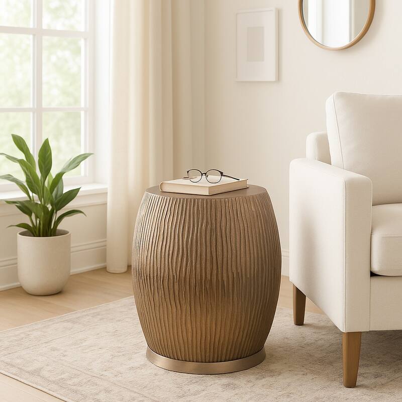 Modern Ribbed Drum Side Table with Round Metallic Finish Accent - 19", Gold