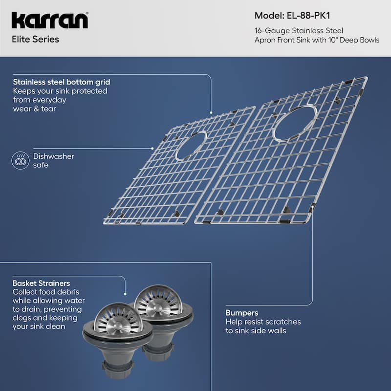 Karran Elite Apron-Front Stainless Steel 36 in. 16-Gauge Double Bowl Farmhouse Kitchen Sink Kit