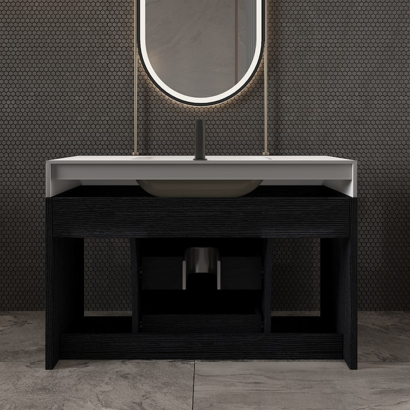 29.9-inch floating bathroom vanity with sintered stone countertop and ceramic undermount sink - Black/White
