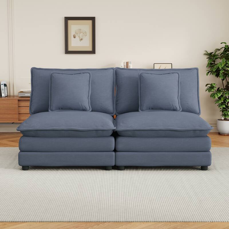 Roomfitters 70 Inch Modern Modular Sofa Couch with Two Pillows, Soft Corduroy Fabric, Blue