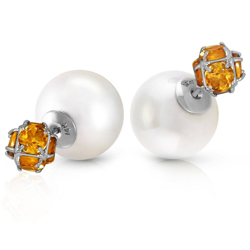 14K Solid Gold Tribal Double Shell Pearls And Citrines Stud Earrings - White