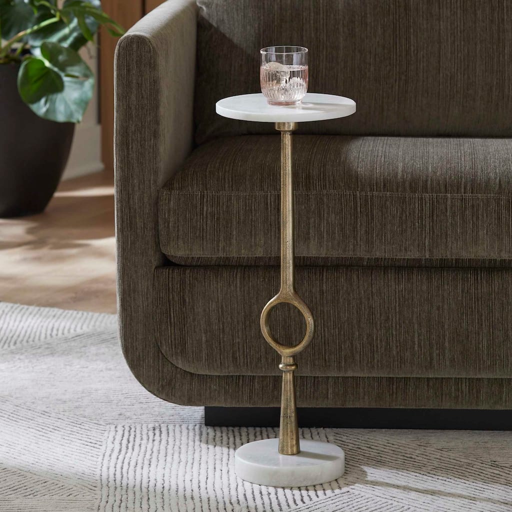 Silver Orchid Marble Round Goldtone Pedestal Accent Table.