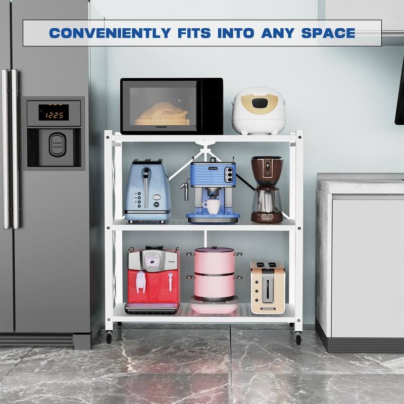 3-Tier Foldable Storage Shelf with Wheels - 13.25"D x 28"W x 33"H