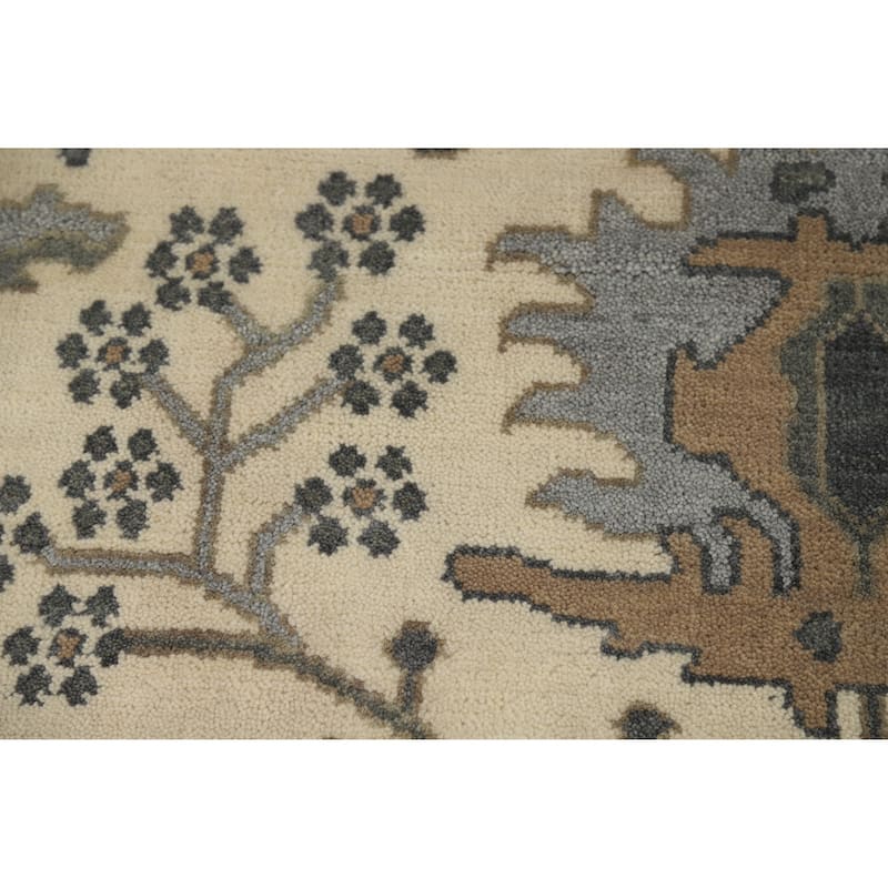Earth Tone Oushak Area Rug Hand-Knotted Beige Floral Wool Carpet - 9'1" x 11'8"