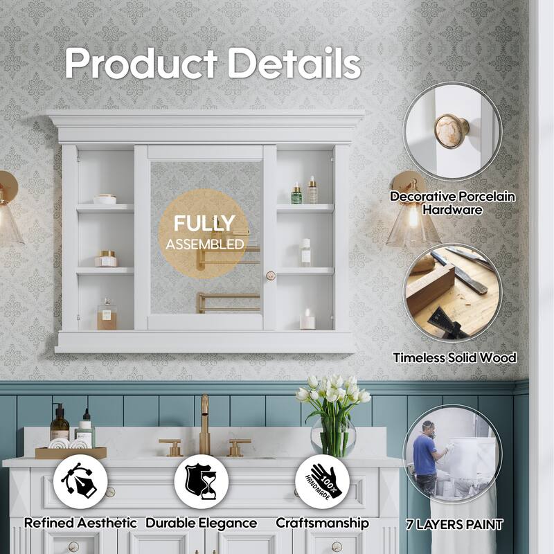 42"W X32''H Recessed Wall-Mounted Solid Wood Framed Medicine Cabinet With Adjustable Glass Shelves
