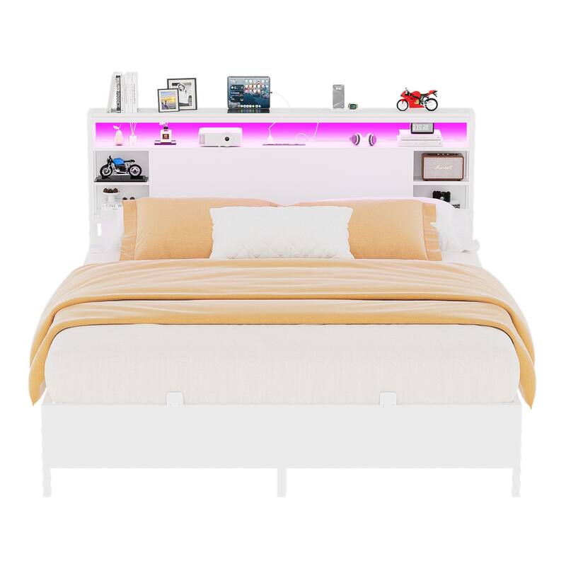 Bed Frame with Charging Station and RGB LED Lights, Sturdy Platform Bed with Storage Headboard,