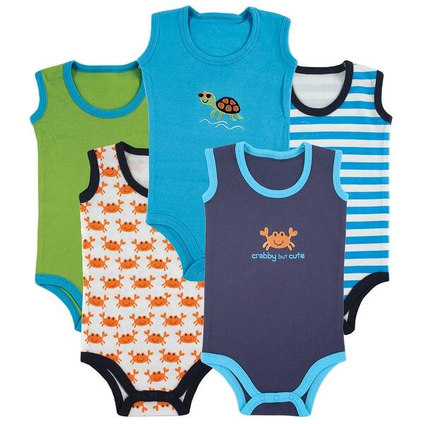 slide 1 of 1, Luvable Friends Baby Boy Cotton Sleeveless Bodysuits 5pk, Crab 0-3 Months - Crab
