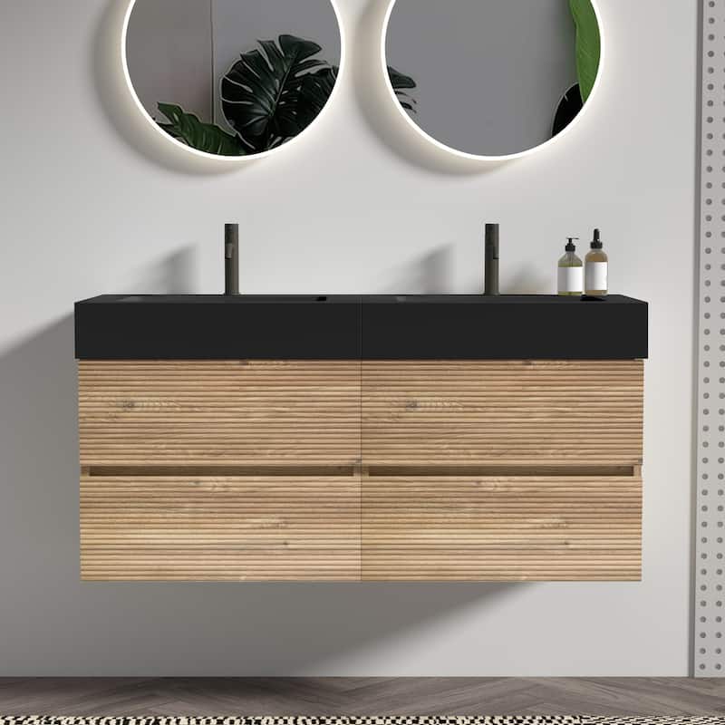 GDFStudio - Grace Wall-Mounted Bathroom Vanity with Engineered Quartz Sink & Soft Close Drawers, without Drainage and Faucet - 48" - Oak+Black