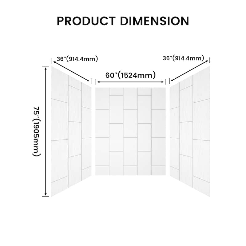 60 in. L x 36 in. W x 75 in. H Three-Piece Glue Up Alcove Shower Wall Surround in White - 60 x 75