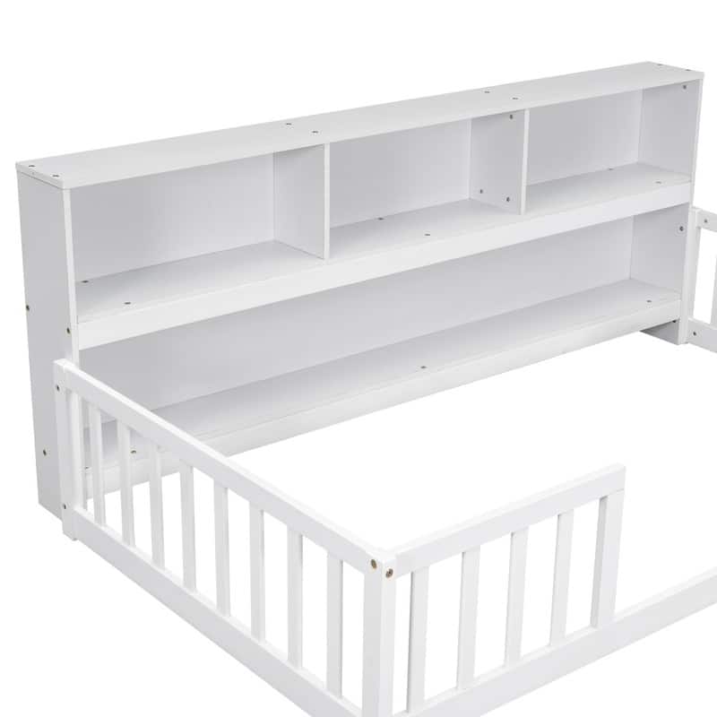 Wood Floor Bed with Bedside Bookcase,Shelves,Guardrails