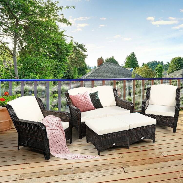 5 Pieces Patio Rattan Sofa Set with Cushion and Ottoman - 51" x 33.5" x 33" (L x W x H)