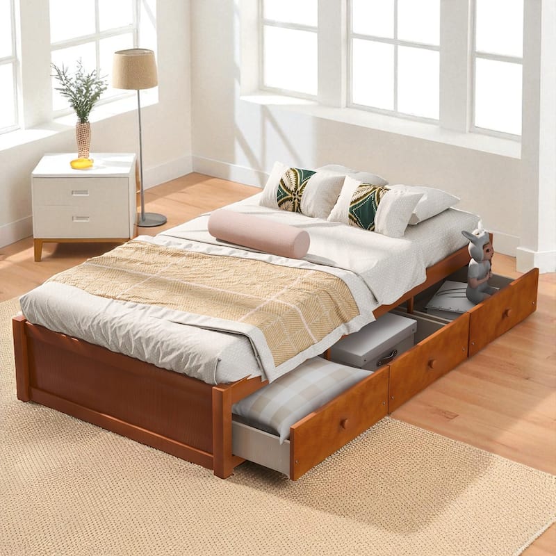 Twin Size Platform Bed with 3 Storage Drawers, Solid Pine Wood Frame and Slat Support