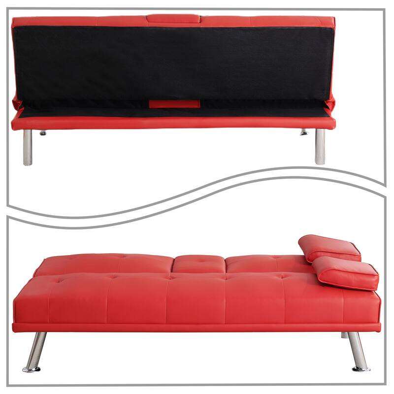 Classic PVC Leather Upholstered Convertible Futo Sofa Bed with Cup Holders