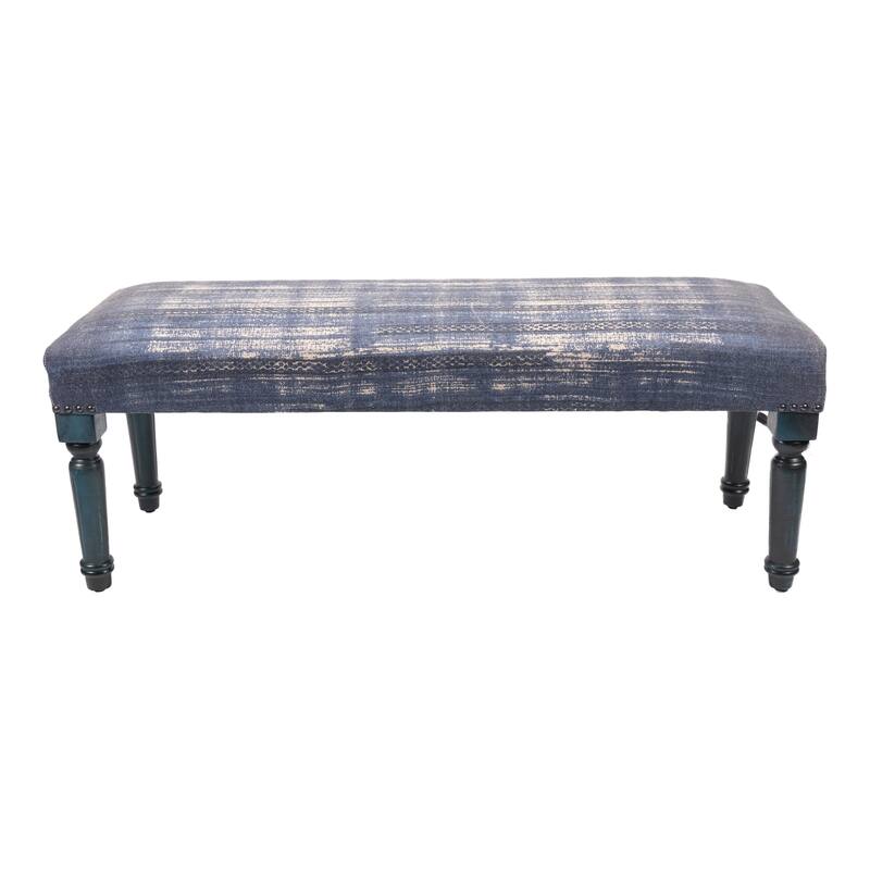 HomeRoots 47" Blue And Cream Abstract Design Blue Leg Upholstered Bench - 47 x 18 x 16