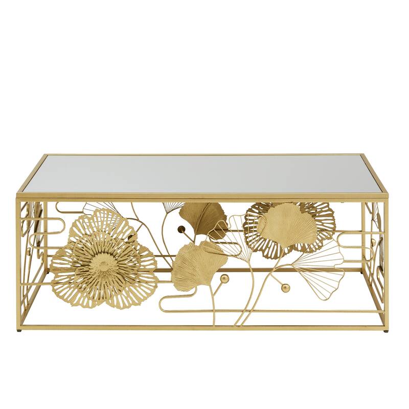Pomonok Gold Finish Peony and Ginkgo Coffee and End Table Set with Mirror Top by iNSPIRE Q Bold