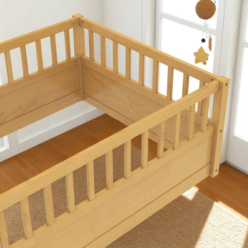 Twin/Full Montessori Floor Bed with High Fence & Open Door, Solid Pine, Playroom/Bedroom, No Box Spring