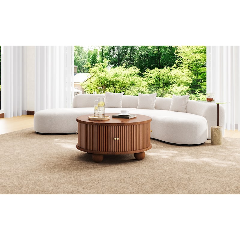 Round Coffee Table with Storage, 31.8" Modern Coffee Table with Sliding Door & Solid Wood Legs, Minimalist Center Table