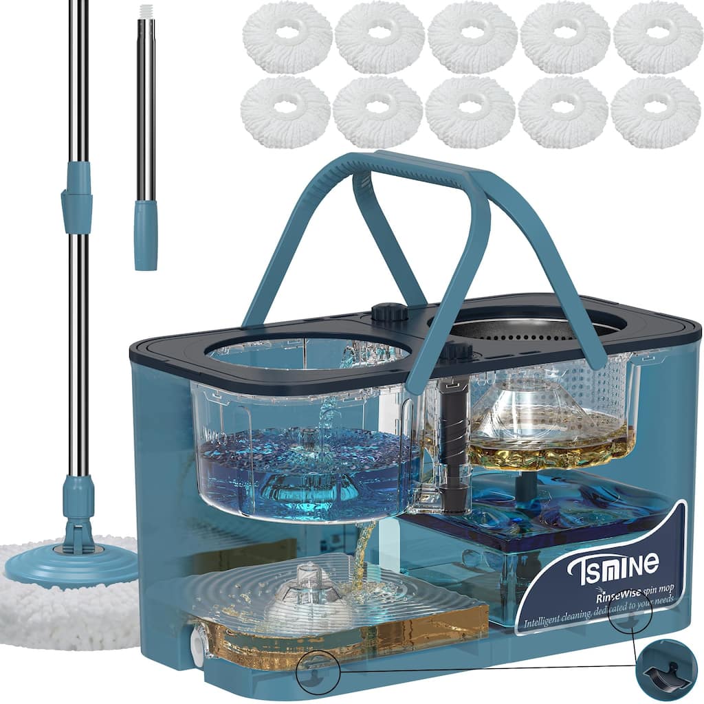 Clean Mop & Bucket System,Separates Dirty and Clean Water,4-Chamber Design,Wet & Dry Use with 10 Replacement Mop Heads,4X Wheel
