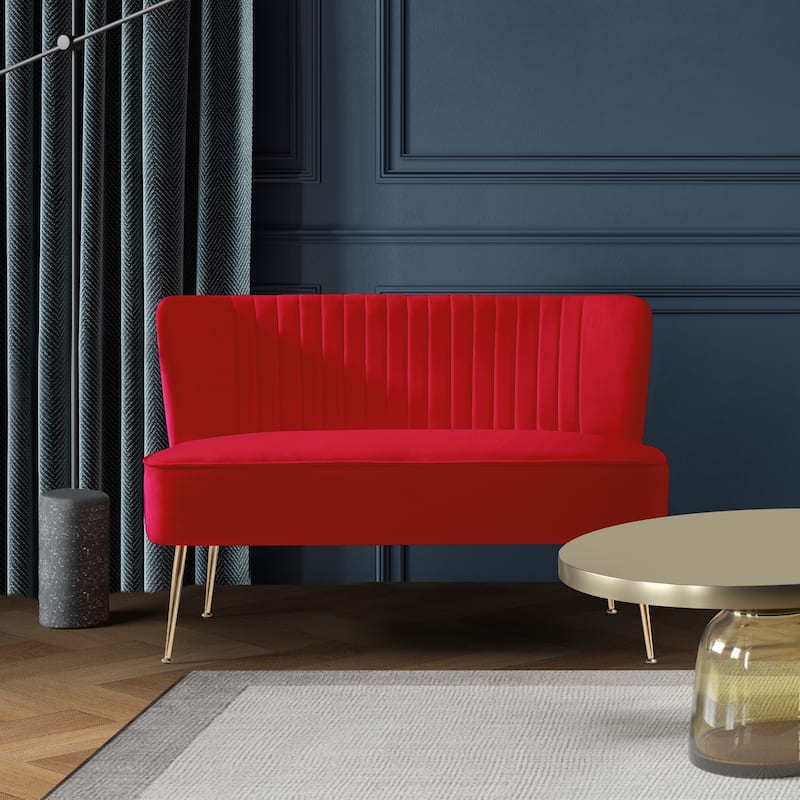 Farrah Upholstered Velvet Polyester 46" Wide Loveseat - Armless/ Scalloped Back - Red
