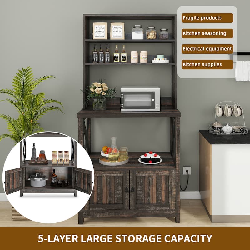 Baker's Rack Coffee Bar Cabinet Microwave Stand Rustic With Power Outlet