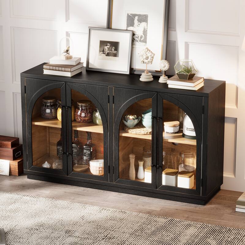 4-Door Large Storage Sideboard Buffet Cabinet with Glass Doors, Arched Cabinet with Adjustable Shelves for Kitchen