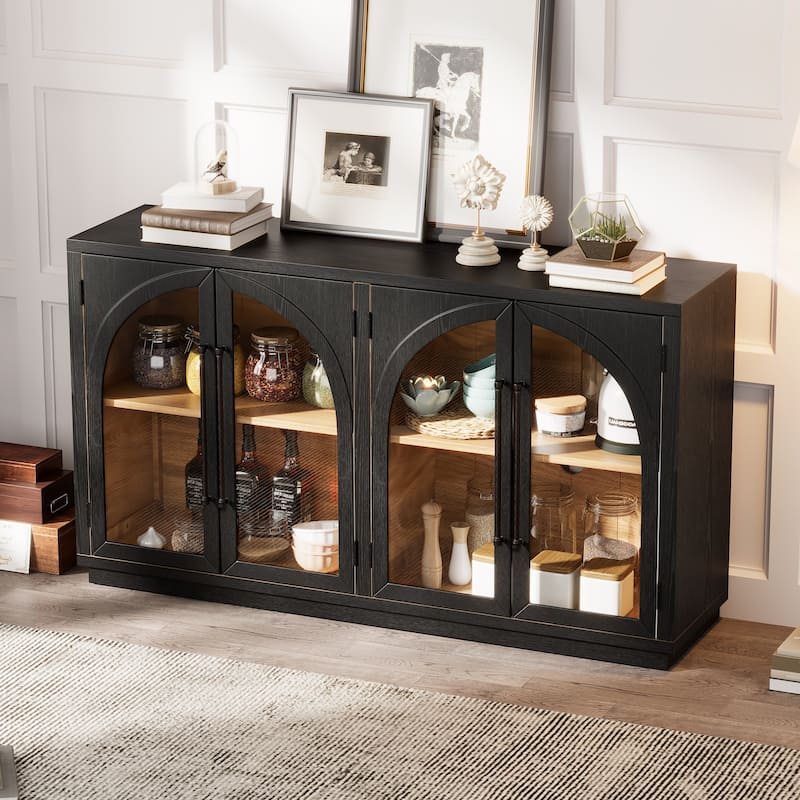 Roomfitters 4-Door Storage Sideboard Buffet Cabinet with Glass Doors, Arched Cabinet with Adjustable Shelves for Home Use