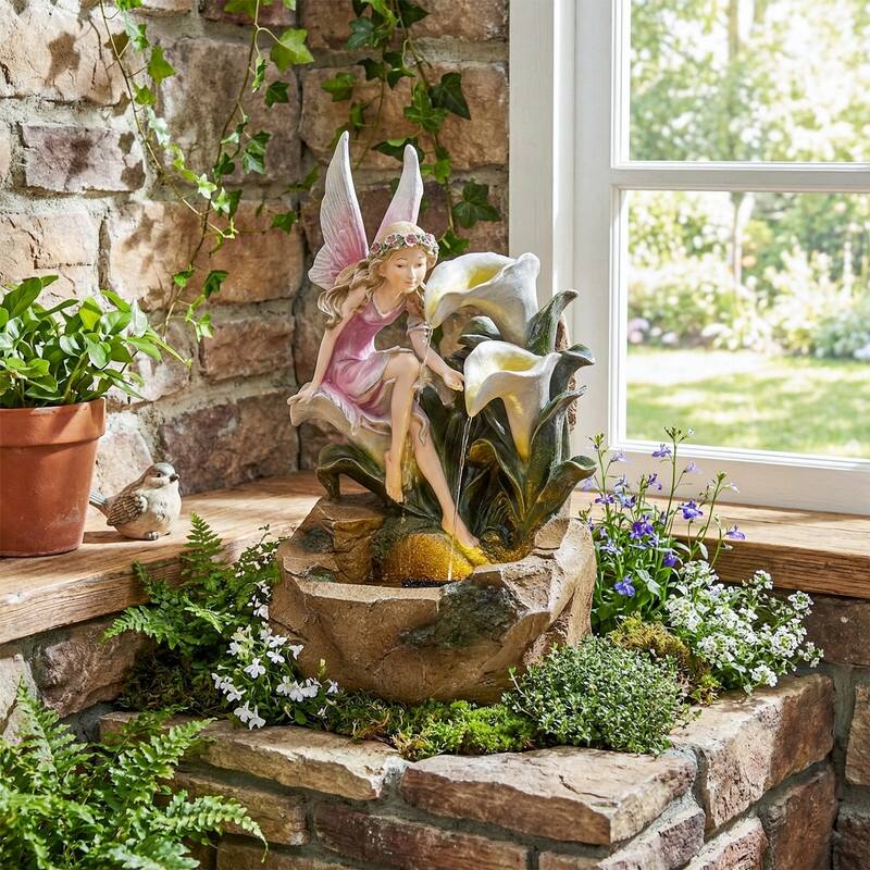 Outdoor Fairy & Calla Lily Water Fountain with Fairy-Tale Garden Style and Lights