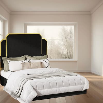 Queen Size Modern Upholstered Bed with Golden Trim, Platform Frame, No Box Spring Needed, and Storage Drawers for Bedroom