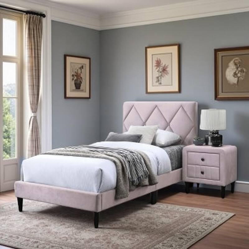 Twin Velvet Bed with Adjustable Diamond-Stitched Headboard, 12-Slat Support System, No Box Spring Needed - Light Pink