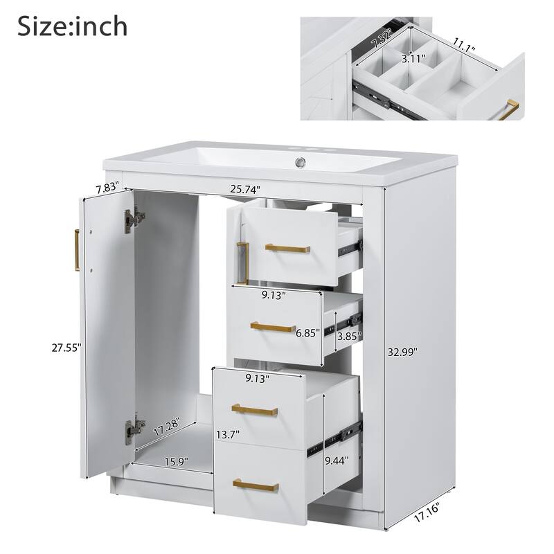 30'' Bathroom Vanity with Resin Sink Combo,Solid Wood Frame Bathroom Storage Cabinet with 3 Drawers& 2 Soft Closing Doors