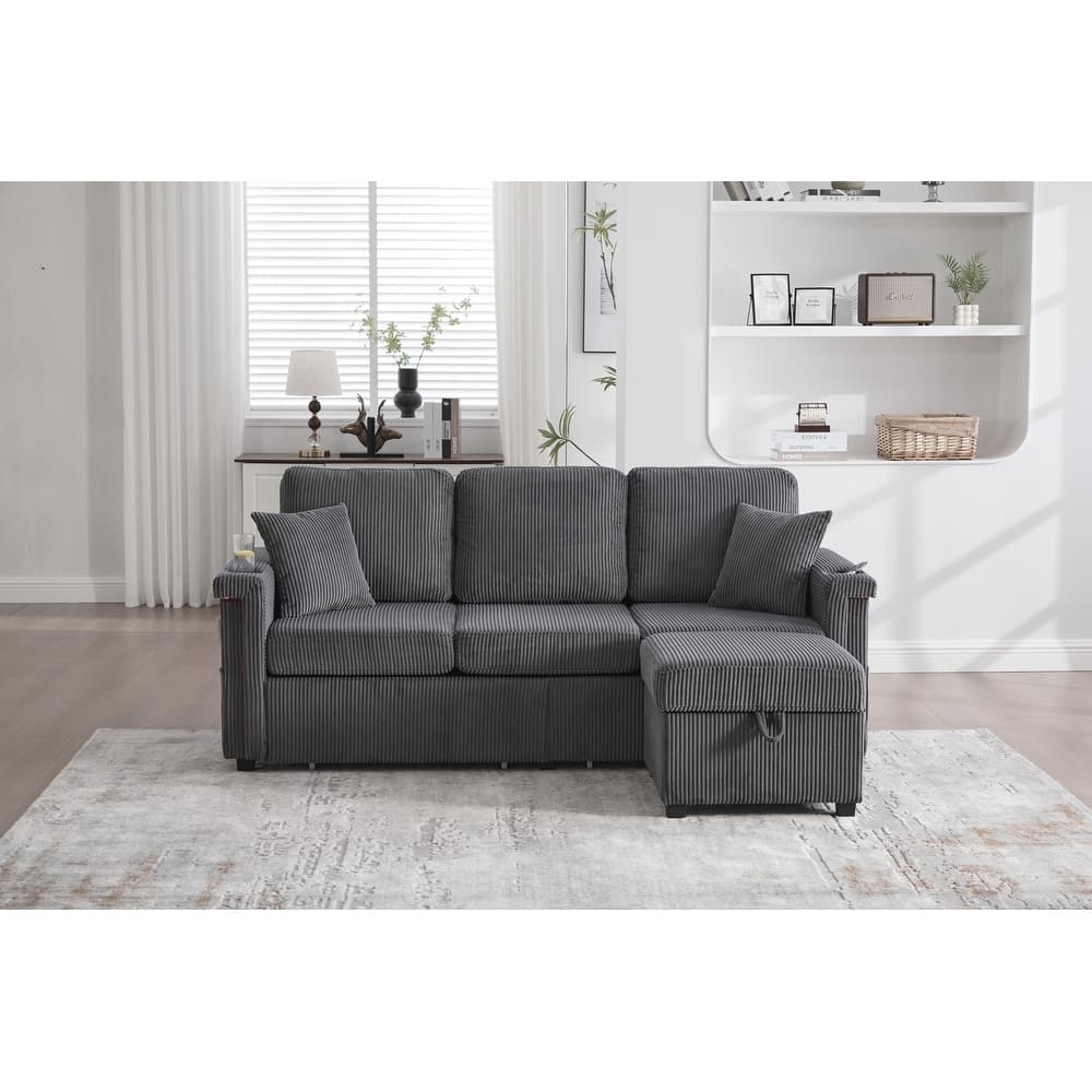 L-Shaped Sectional Sofa with Pull-Out Storage,Ottoman & Pillows 3-Seat with USB Charging,Cup Holder, Convertible Design