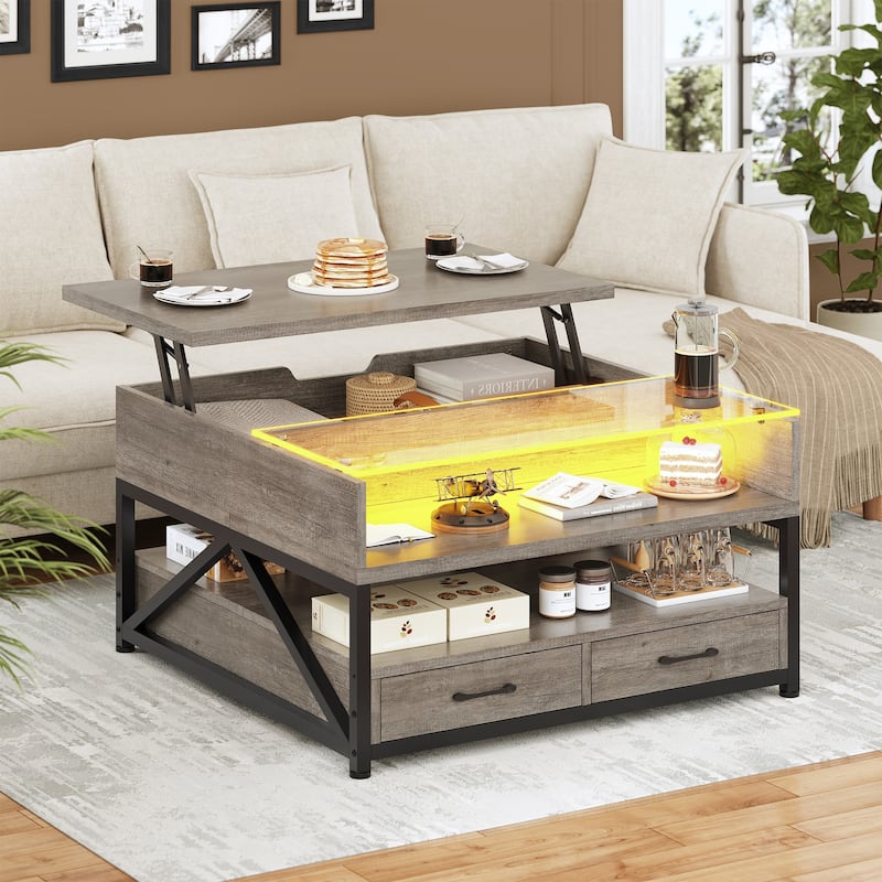 Coffee Table Lift Top 2 Drawers Hidden Compartment for Living Room