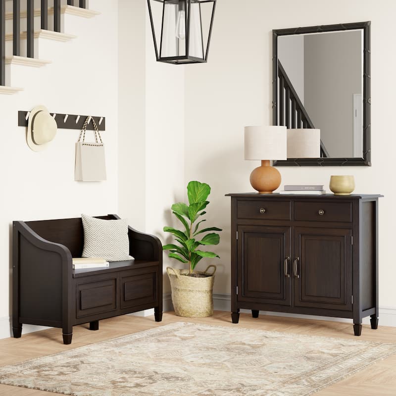 WYNDENHALL Hampshire Solid Wood 42 inch Wide Storage Bench and 40 inch Wide Storage Cabinet in Dark Chestnut Brown