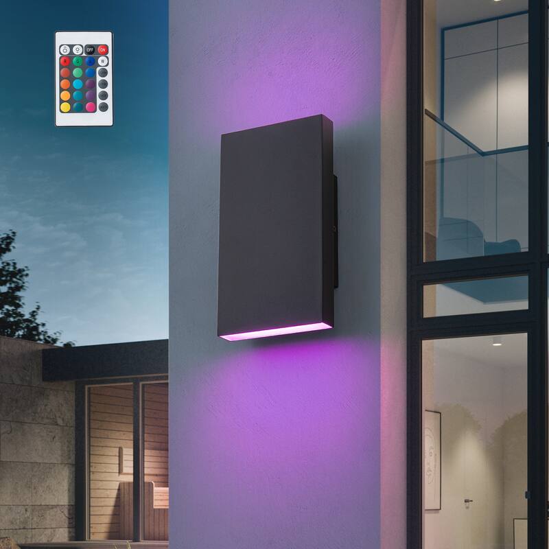 2-Light Matte Black Dimmable Outdoor LED Wall Sconce - Black - RGB Color-Changing (with Remote)