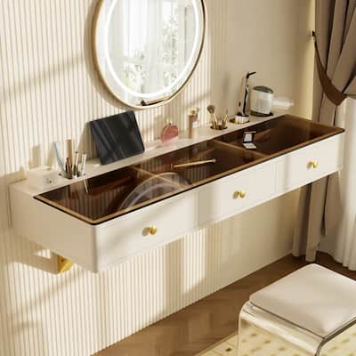47 inch Floating Shelf with Drawer Multi Purpose Wall Mounted Vanity Table White Golden