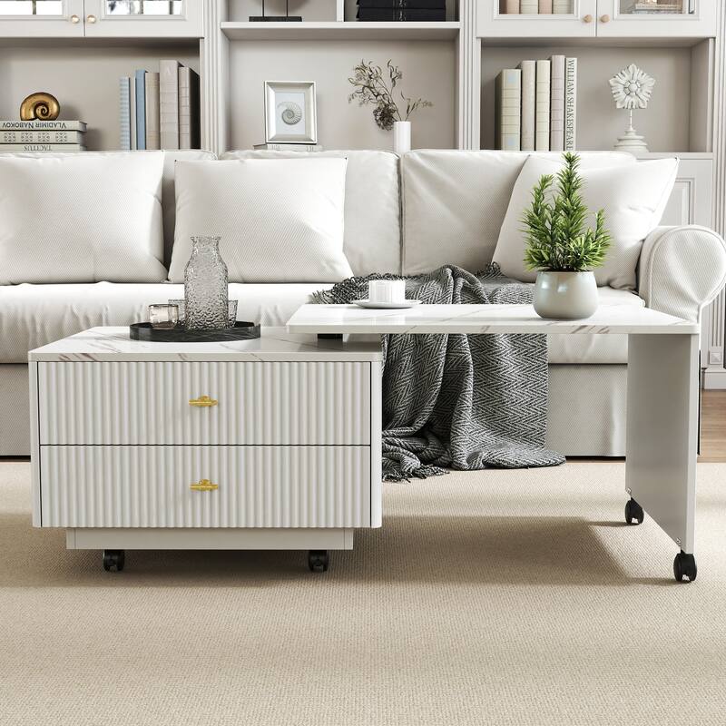 Extendable Coffee Table with Storage, Reversible Living Room Table with 2 Drawers and with 6 Wheels - White